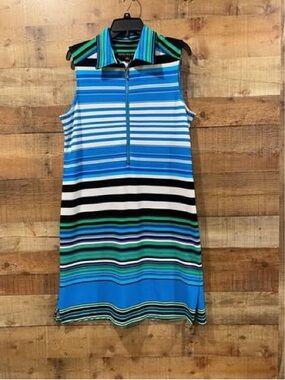 Danillo Boutique Striped Zip-Front Polo Dress in Blue & Teal Size 14